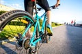 Cyclist stopped to rest while riding around the city Royalty Free Stock Photo