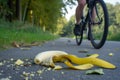 cyclist swerving to avoid a banana peel on a bike path Royalty Free Stock Photo