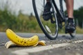 cyclist swerving to avoid banana peel on road Royalty Free Stock Photo