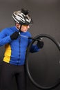 Cyclist in top form pumps pump a Bicycle tube