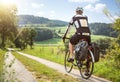 Cyclist on a touring bike in a green and sunny landscape