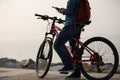 Cyclist use mobile phone Royalty Free Stock Photo