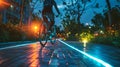 A cyclist using a solar-powered bike lane for night riding Royalty Free Stock Photo