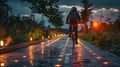 A cyclist using a solar-powered bike lane for night riding Royalty Free Stock Photo