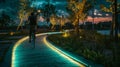 A cyclist using a solar-powered bike lane for night riding Royalty Free Stock Photo