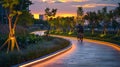 A cyclist using a solar-powered bike lane for night riding Royalty Free Stock Photo