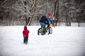 Cyclist in winter on a bicycle with very wide wheels 2018