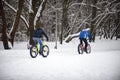 Cyclist in winter on a bicycle with very wide wheels 2018