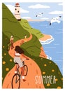 Cyclists on bicycles, travel at sea side. People cycling at seaside. Cyclists riding bikes, nature promenade, adventure Royalty Free Stock Photo