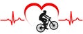 Cyclists on bike, heart pulse -