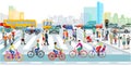 Cyclists on the bike path in the city with road traffic and pedestrians - illustration Royalty Free Stock Photo