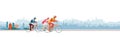 Cyclists chase the leader of race. Head of peloton vector illustration. Cycling in nature or city.Three cyclists going away from