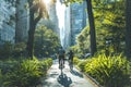 Cyclists commuting in an eco-friendly urban environment