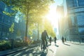 Cyclists commuting in an eco-friendly urban environment