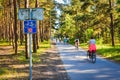 Cyclists cycling on eurovelo route ten in scenic pine forest in Palanga resort