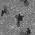 Cyclists doing stunts on space background. Silhouettes of people against the starry sky. Vector illustration
