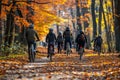 Cyclists enjoying a group ride down a scenic dirt path in beautiful natural surroundings