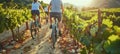 Cyclists enjoying scenic vineyard ride under golden sunlight with abundant harvest