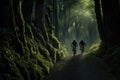 cyclists going down a mountain slope in the forest Royalty Free Stock Photo