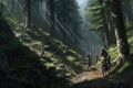 cyclists going down a mountain slope in the forest