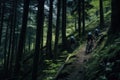 cyclists going down a mountain slope in the forest Royalty Free Stock Photo