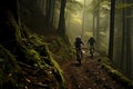 cyclists going down a mountain slope in the forest