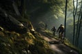 cyclists going down a mountain slope in the forest