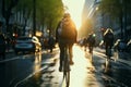 Cyclists navigate busy city street, weaving through urban hustle Royalty Free Stock Photo