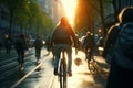 Cyclists navigate busy city street, weaving through urban hustle Royalty Free Stock Photo