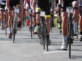 cyclists pedaling fast on bicycles during road cycling race Royalty Free Stock Photo