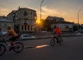 Cyclists riding along the waterfront, Ukraine, Kyiv. Editorial. 08.03.2017