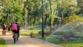 Cyclists riding bicycles in city park. Royalty Free Stock Photo