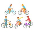 Cyclists riding bike set for label design. Lifestyle, sport, cycling, riding, relax. Colorful cartoon detailed