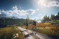 Cyclists on the road in the high alpine meadow, A cyclist pedaling uphill in the countryside, AI Generated Royalty Free Stock Photo