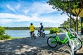 Cyclists at Rowerâs Bay Park, Singapore. Royalty Free Stock Photo