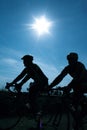 Cyclists silhouette under sun