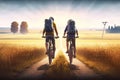 Cyclists on a summer bicycle trip in the countryside, illustration AI