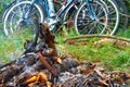 Cyclists tourists made a fire, bike trip