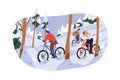 Cyclists travel in winter forest in snow. People riding mountain bikes in nature in cold weather. Friends on bicycles outdoors.