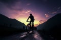 Cyclists traverse mountains at dusk, capturing the serene evening beauty