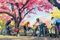 Cyclists tune their bikes under cherry blossoms, a vibrant scene of springtime activity and outdoor sports