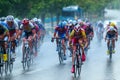 Cyclists from various teams cycle Royalty Free Stock Photo