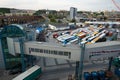 Cyclists and vehicles at the port of Gdynia, Poland, waiting to board Stena Line`s ferry to Sweden.