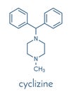 Cyclizine antiemetic drug molecule. Antihistamine used to treat nausea and vomiting. Skeletal formula.