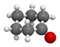 Cyclohexanone organic solvent molecule. Precursor of nylon Atoms are represented as spheres with conventional color coding: