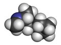 Cyclopentamine nasal decongestant drug molecule (largely discontinued). 3D rendering. Atoms are represented as spheres with