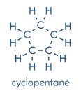 Cyclopentane cycloalkane molecule. Used in refrigerators and freezers and for many other purposes. Skeletal formula.