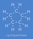 Cyclopentane cycloalkane molecule. Used in refrigerators and freezers and for many other purposes. Skeletal formula.