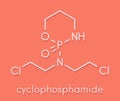 Cyclophosphamide cancer chemotherapy drug molecule. Belongs to nitrogen mustard alkylating agents class of cancer drugs. Skeletal.