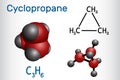 Cyclopropane cycloalkane molecule. It is an inhalation anaesthetic. Structural chemical formula and molecule model